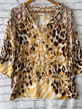 Chicos Gold Animal Print Embellished V-Neck Blouse Size Large